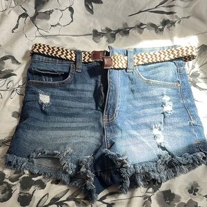 High-Waisted Blue Jean Shorts with Distressed Hem